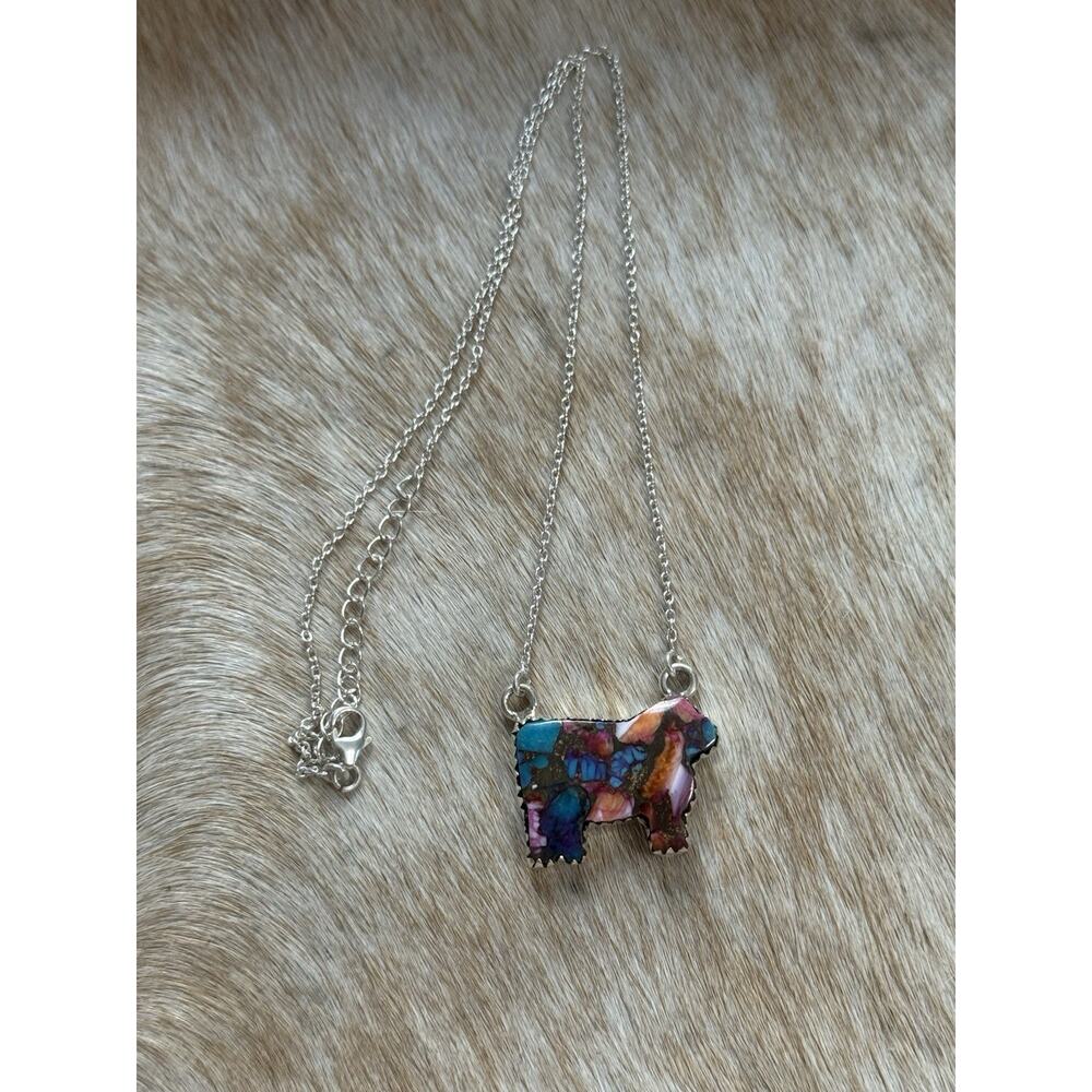 Native American SW Sterling Silver Pink Dahlia Turquoise Cow Lamb Sheep Necklace
